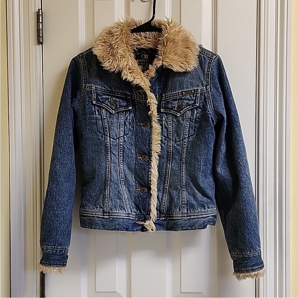 Lucky Brand Blue Denim Jean Jacket with Cream Faux Fur Trim